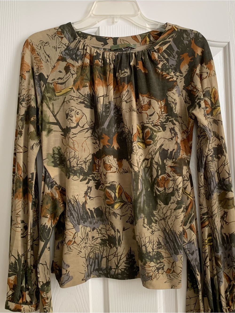 Etro Dog Horse Scene Print Wool Blend Knit Shirt Top Self Tie Sz 40 ~US 4